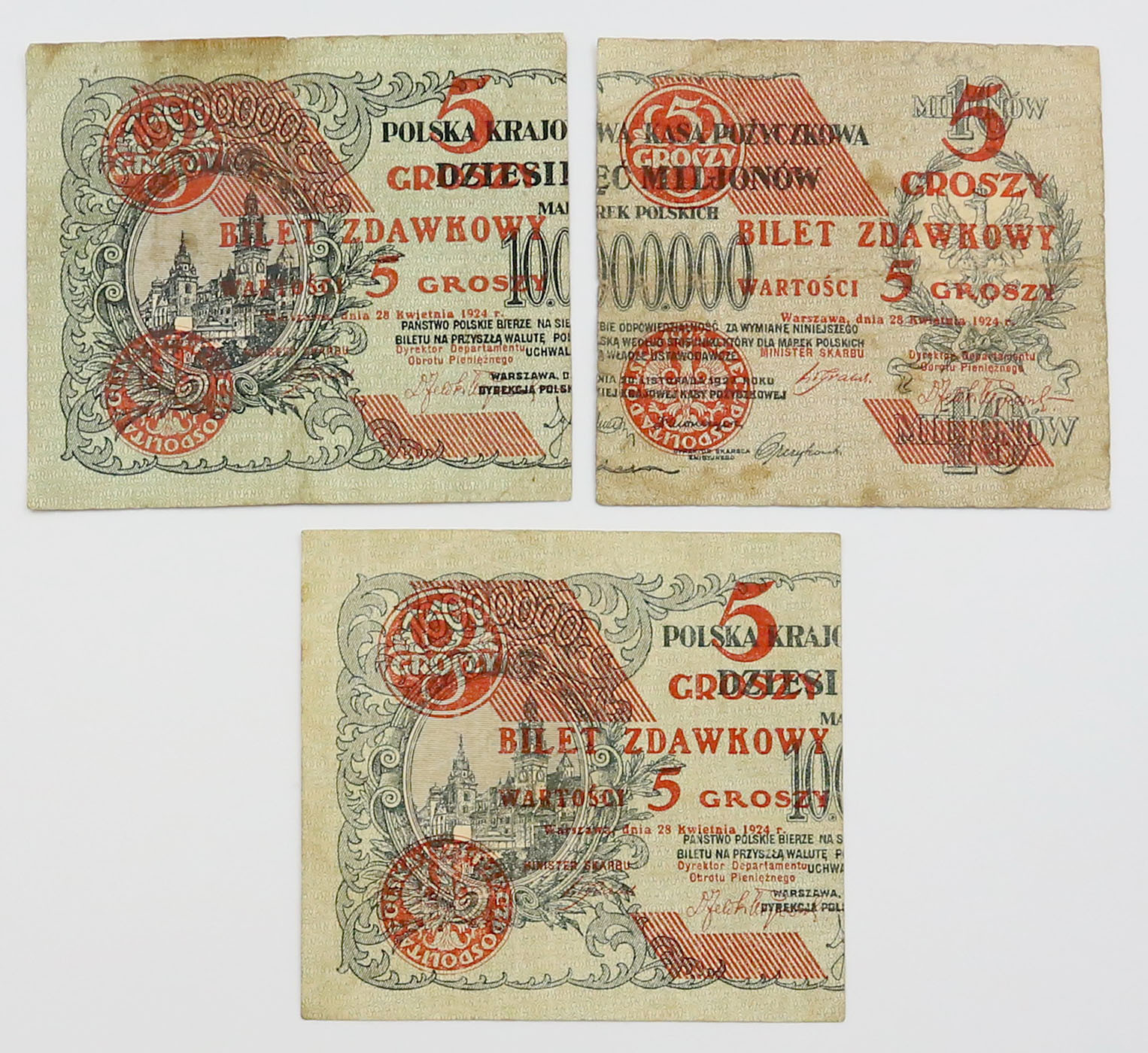 5 groszy 1924 2 x lewy i prawy, zestaw 3 sztuk
